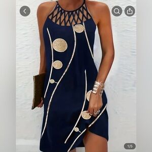 Criss Cross Graphic Sleeveless Sundress. Dark Blue and Tan (L)